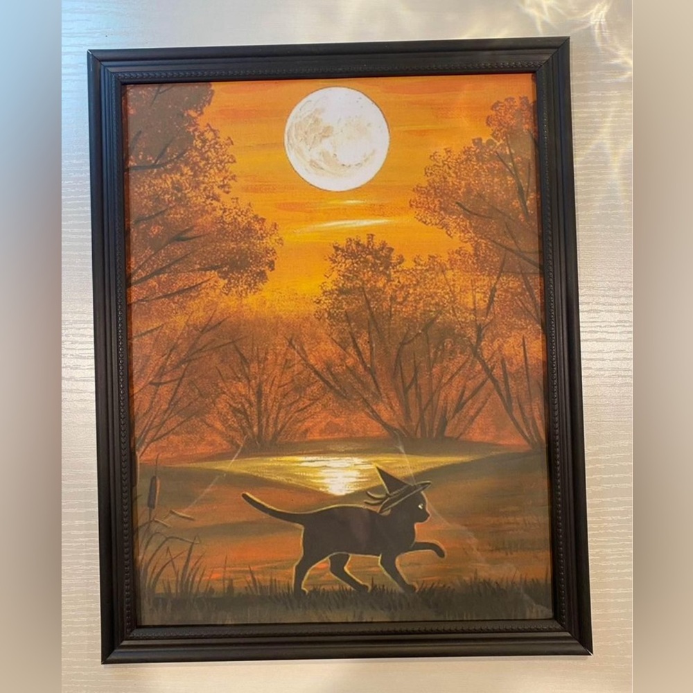 Vintage Halloween framed 8x10” witch cat print in black and orange #Halloween